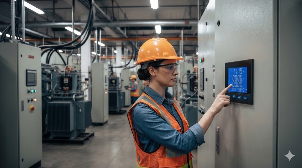 Una ingeniera de una instalación industrial lee un analizador de red local para monitorear el consumo energético de la instalación y cumplir con las directivas controladas por la ONURE, como parte de NEXUS ENERGY de LADETEChttps://meteoradares.wordpress.com/tag/ldt-nexus-energy/