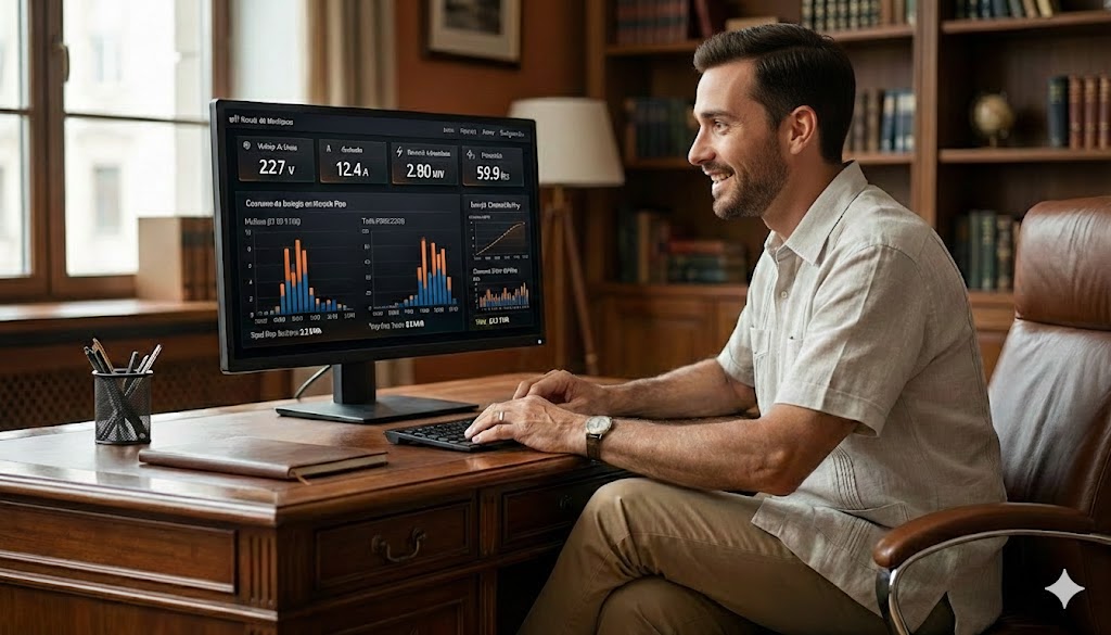 Hombre joven, asombrado y contento mirando el sistema de monitoreo de la energía en su institución usando LDT NEXUS ENERGY