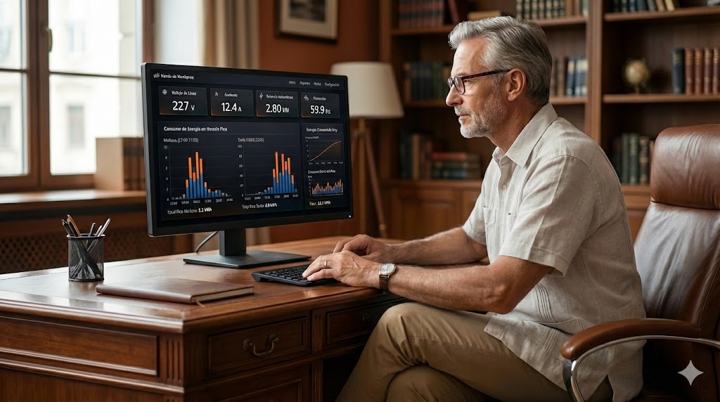 Director de una entidad que chequea el consumo de energía de sus instalaciones de forma remota usando NEXUS ENERGY, un sistema desarrollado por LADETEC. https://meteoradares.wordpress.com/tag/ldt-nexus-energy/