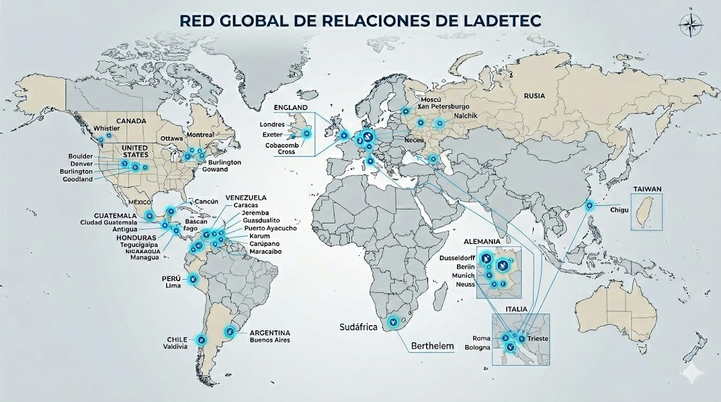 Un mapa del mundo con los lugares visitados por los ingenieros de LADETEC en conferencias, pasantías, montajes, reparaciones, modernizaciones, cursos y capacitaciones.