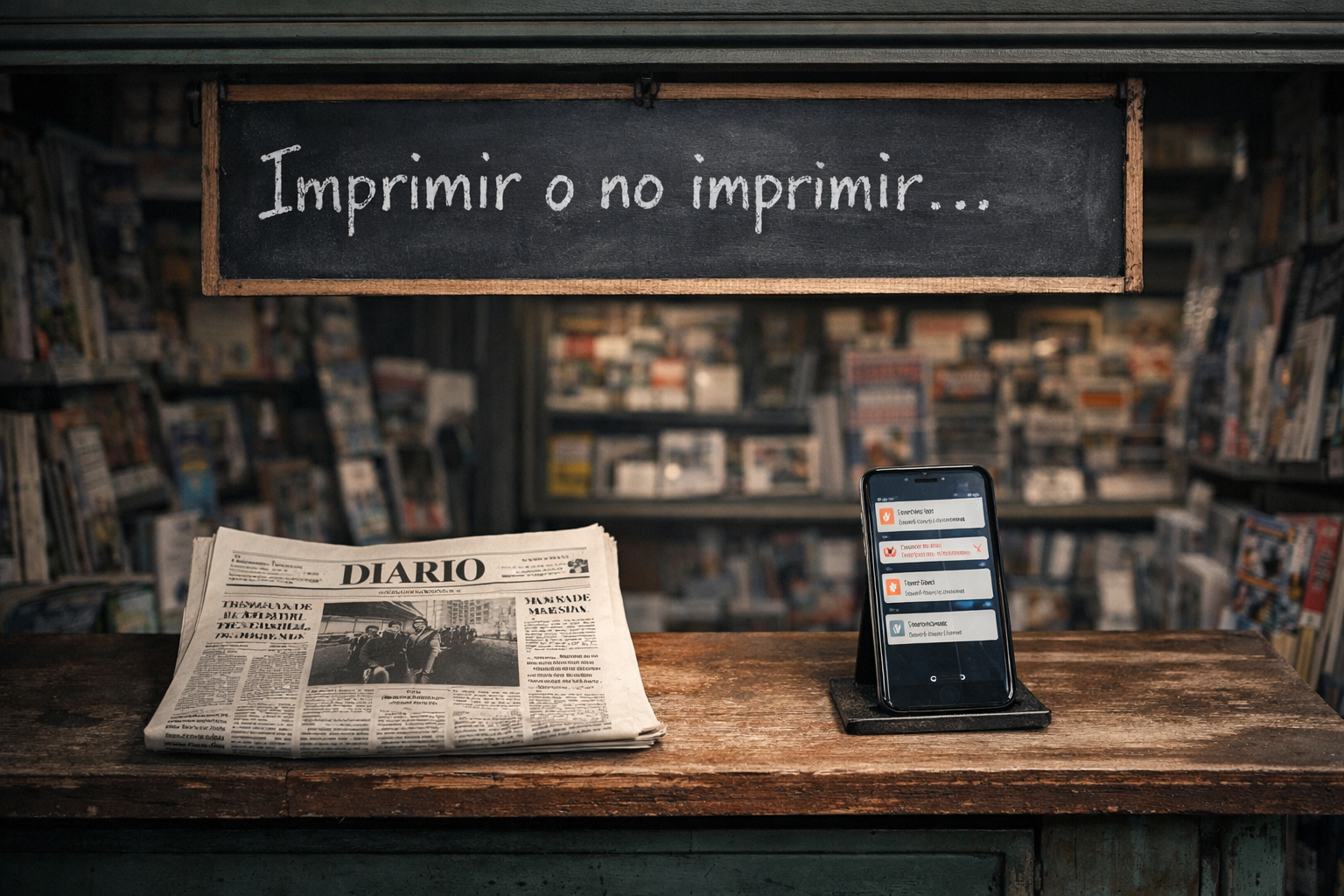 Quisco de venta, en el mostrador un periódico yace y a su lado un teléfono muestra las noticias.