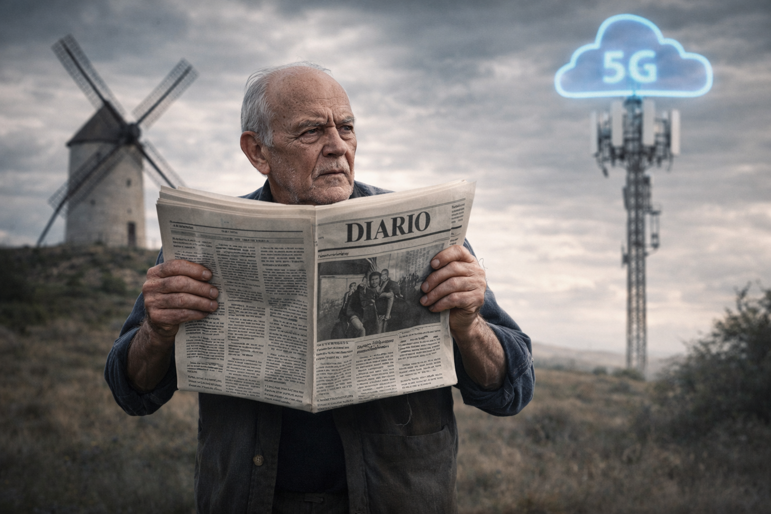 Anciano aferrándose a periodico impreso como Quijote peleando contra molinos de viento cuandola 5G de la nube te invade.
