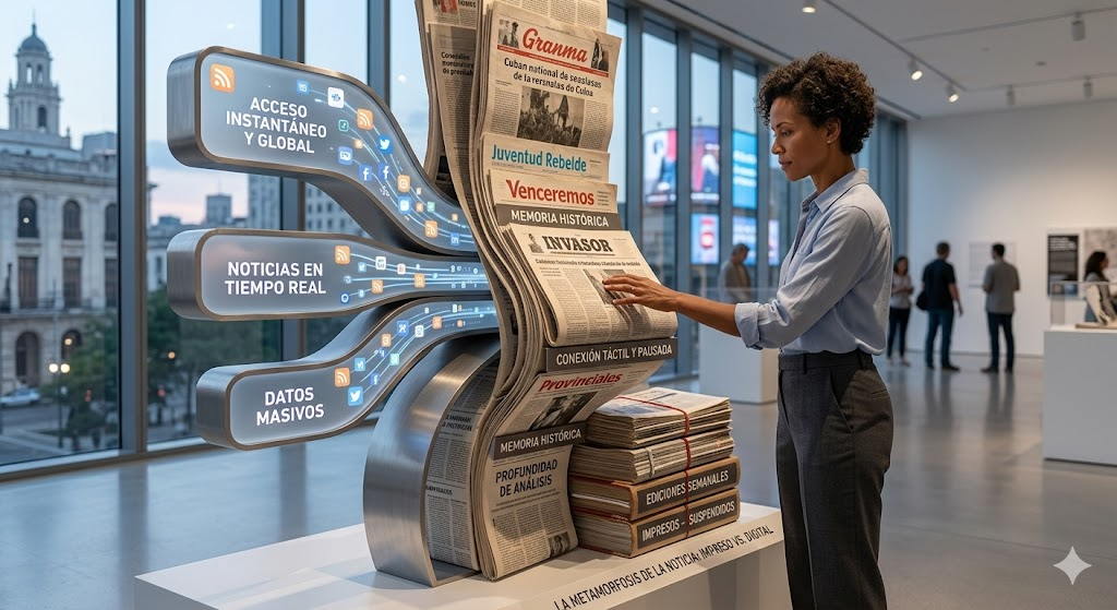 Muestra una escultura táctil y compleja en una galería minimalista. En un lado, se aprecian capas texturizadas de papel real, incluyendo fragmentos legibles de periódicos cubanos (Granma, Juventud Rebelde, y títulos provinciales como 'Venceremos' e 'Invasor'), fusionados con paneles digitales que emiten luz.Las pantallas digitales muestran un flujo abstracto de datos, iconos de redes sociales y texto que dice: 'ACCESO INSTANTÁNEO Y GLOBAL', 'NOTICIAS EN TIEMPO REAL', 'DATOS MASIVOS'.El lado impreso, al tacto de la persona, muestra el texto: 'CONEXIÓN TÁCTIL Y PAUSADA', 'MEMORIA HISTÓRICA', 'PROFUNDIDAD DE ANÁLISIS'. Una pila de periódicos semanales y provinciales impresos y suspendidos completa la escena, con etiquetas que indican la suspensión. El fondo es un horizonte urbano al atardecer, fusionando lo tradicional con lo digital.