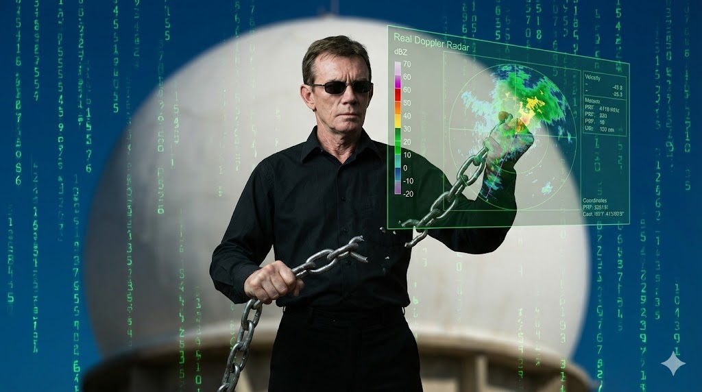 Ingeniero interactuando con interfaz holográfica de radar meteorológico Doppler. Innovación y soberanía tecnológica en Cuba, rompiendo las cadenas que imponen los fabricantes con los productos de LADETEC “LAMULA Weather Radar Open Solutions”