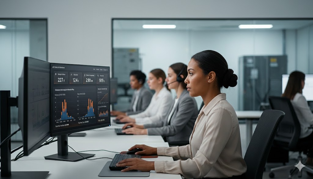 Mujer joven monitoreando el consumo de energía en las dependencias remotas de su entidad usando LCT NEXUS ENERGY