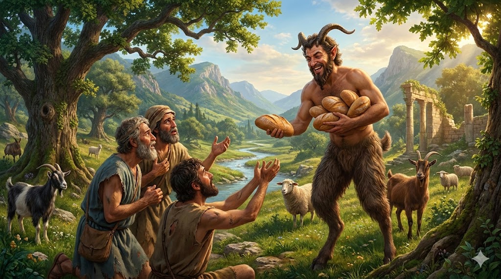 El Dios Pan repartiendo hogazas de pan a los pastores en Arcadia, por aquello de que si no hay Pan, a los labriegos les da terror pánico