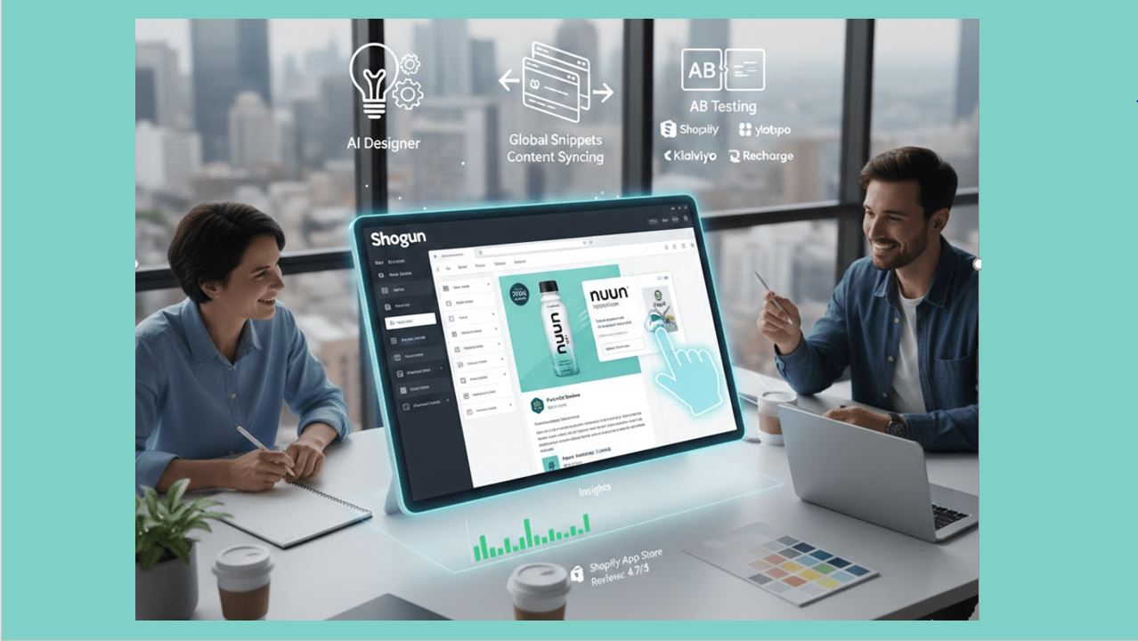 Un hombre y una mujer sonrientes miran una pantalla en la que se muestra una página hecha con Shogun Page Builder, están en una oficina con ventana de cristales que miran a edificios de una ciudad moderna.