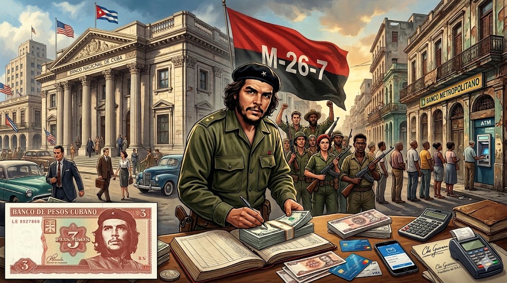 Che Guevara, presidente del Banco Nacional de Cuba firmando billetes con su caracterísitico Che. el billete de 3 pesos en su honor, las colas en los cajeros.