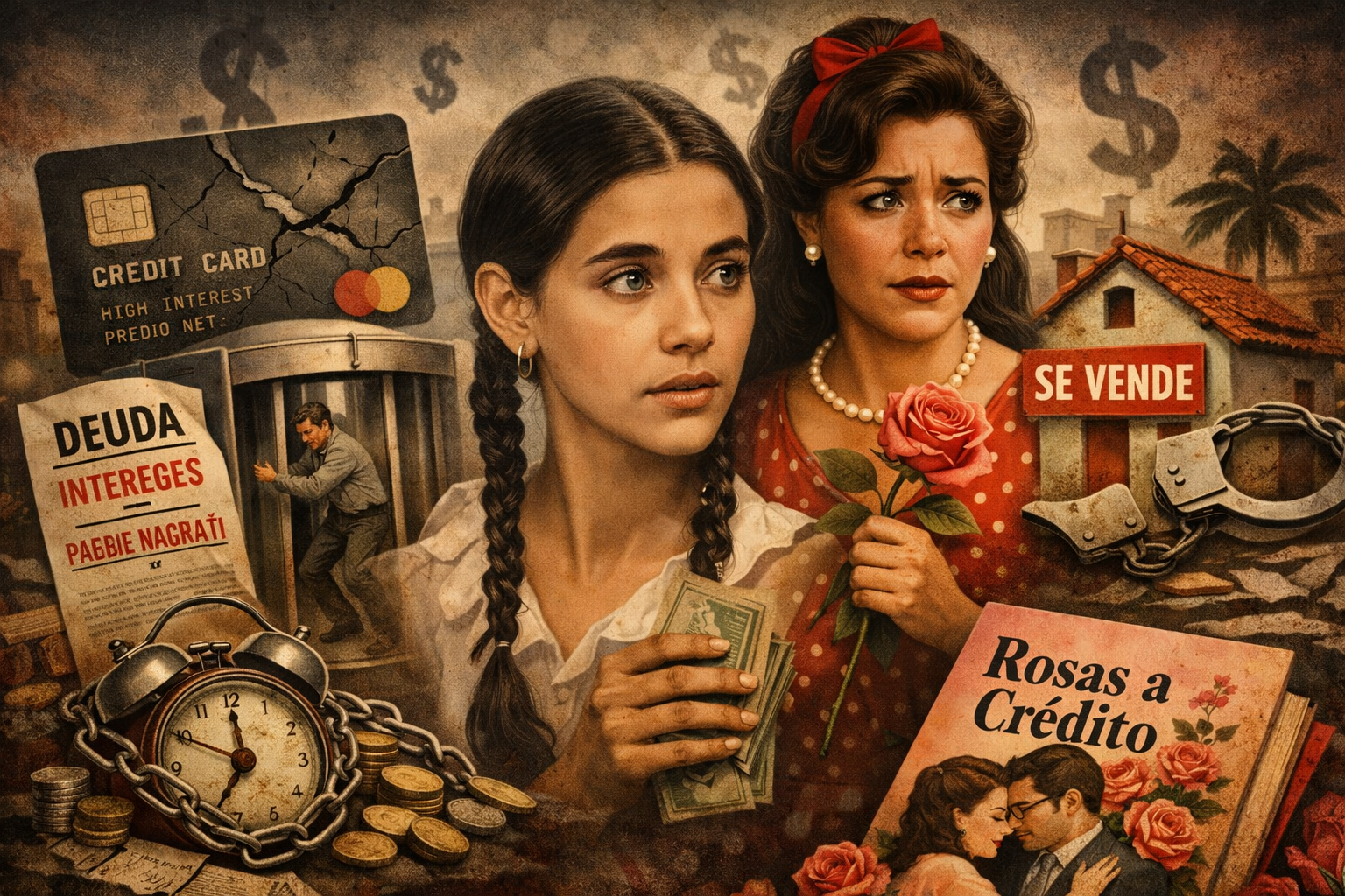 Ilustración compuesta aobre el tema de los créditos, la novela Rosas a Crédito y con el rostro de Taimí Alvariño, protagonista de la telenovela con ese nombre. Imagen creada por chatGPT.