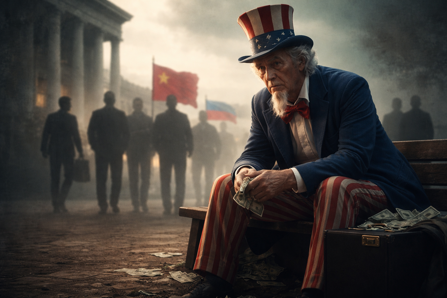 El Tío Sam sentado apesadumbrado, viendo como le dan la espalda, a lo lejos banderas de China y Rusia, personas que se alejan ¿está en crisis el petrodólar?