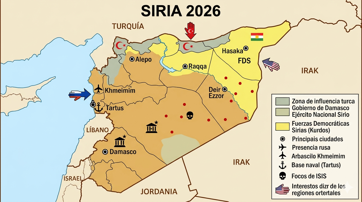 Mapa de Siria en el 2026 donde se muestra la ubicación de las distintas fuerzas desplegadas en ese país en la actualidad.