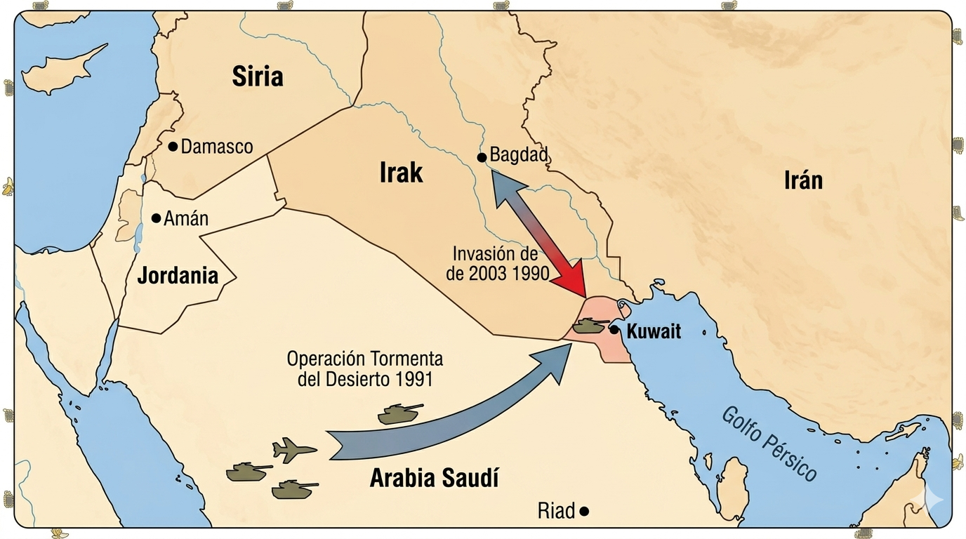 Mapa histórico del Medio Oriente centrado en Irak, Kuwait y el golfo Pérsico, estilo atlas escolar. Que muestre las fronteras actuales de Irak, Kuwait, Arabia Saudí, Irán, Jordania y Siria. Incluir flechas que indiquen la invasión iraquí a Kuwait en agosto de 1990 (flecha roja desde Bagdad hacia Kuwait), y otra flecha o línea que represente la 'Operación Tormenta del Desierto' en 1991 con una coalición internacional atacando desde Arabia Saudí hacia el sur de Irak y Kuwait. Además, incluir una marca o línea de tiempo que indique la invasión de 2003 con una flecha desde el sur (Kuwait) hacia Bagdad. Usar tonos arena para el terreno, azul para el agua, y símbolos militares sencillos (tanques, aviones) muy discretos. Textos en español: 'Irak', 'Kuwait', 'Golfo Pérsico', 'Bagdad', 'Invasión de Kuwait 1990', 'Tormenta del Desierto 1991', 'Invasión de 2003'. Fondo beige claro, bordes de países en marrón. Estilo de mapa geopolítico limpio y claro