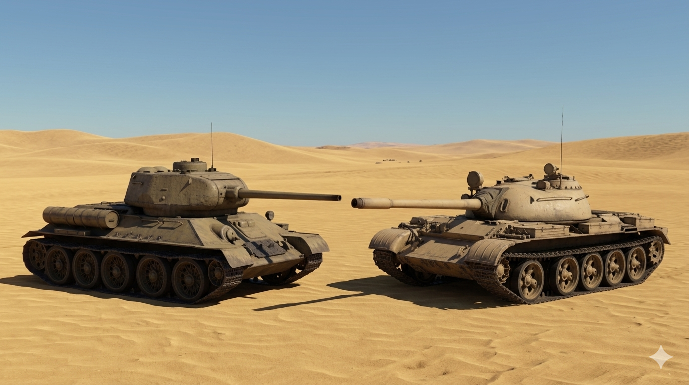 Tanques soviéticos T-34 (enviados por Cuba en ayuda a Argelia) y T-54 adquiridos por Marrue3cos para su ejército.