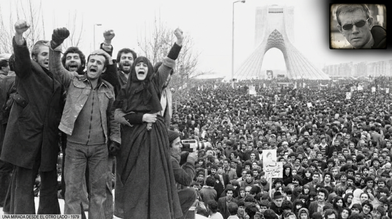 Orlando El Escriba "observando" a una multitud enardecida en los tiempos de la Revolución que derrocó al Dhah Pahlavi.