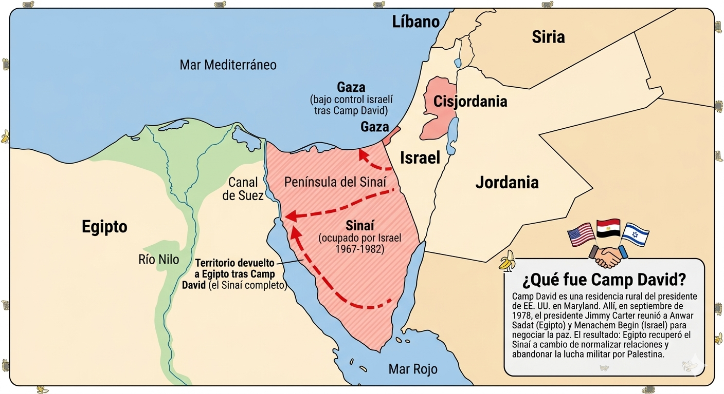 Mapa didáctico, estilo histórico. Muestra la península del Sinaí, el Canal de Suez, Egipto, Israel, Cisjordania y Gaza. Señalar con área sombreada el territorio ocupado por Israel en 1967 (todo el Sinaí). Señala con otra línea discontinua el territorio devuelto a Egipto tras Camp David (el Sinaí completo, pero no Gaza ni Cisjordania). Incluir un recuadro con el título ‘¿Qué fue Camp David?’ y texto breve: 