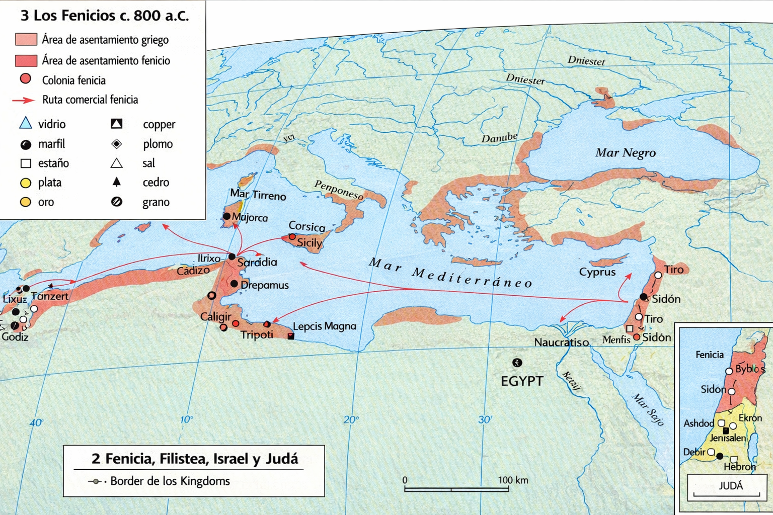 Mapa de la expansión comercial de los fenicios por todo el Mediterráneo. Rutas comerciales, principales colonias fenicias.