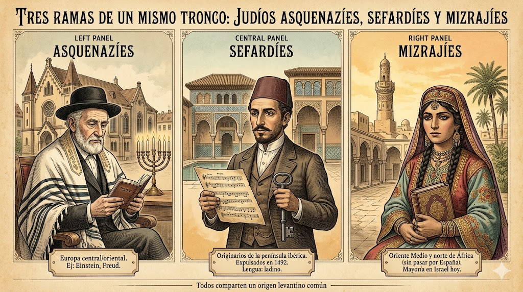 Ilustración de las tres ramas de los judíos. Asquenazí, sefardí, mizrají. Todos judíos, pero no todos llevan gorro de la misma forma.