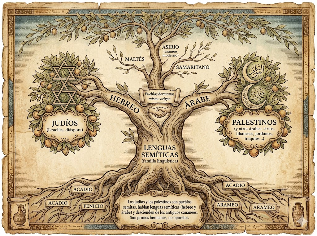 Arbol genealógico donde se puede observar que judios y palestinos, mal que le pese a los primeros, tienen un origen común y semita es una palabra que más bien se refiere al lenguaje.