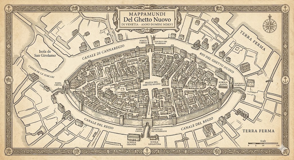 Mapa dl Ghetto Nuevo de Venecia en 1516, el lugar de confinamiento de los judíos en la Venecia Renacentista