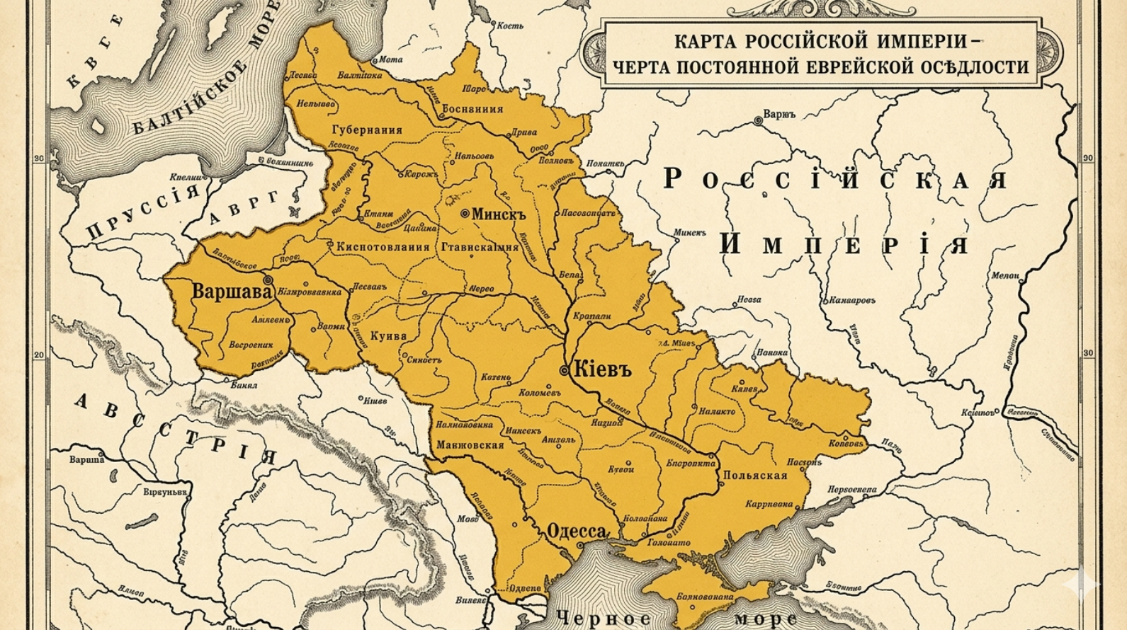 Mapa del Imperio Ruso, mostrando la zon (Chertá) donde podía habitar los judíos. Esta demarcación muestra lo píses actuales de Ucrania y Polonia.