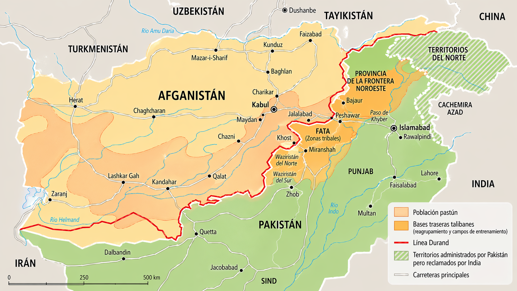 Mapa de Afganistán, mostrando la población pastún que fue dividida por la línea Durand, un fatal legado colonial británico.