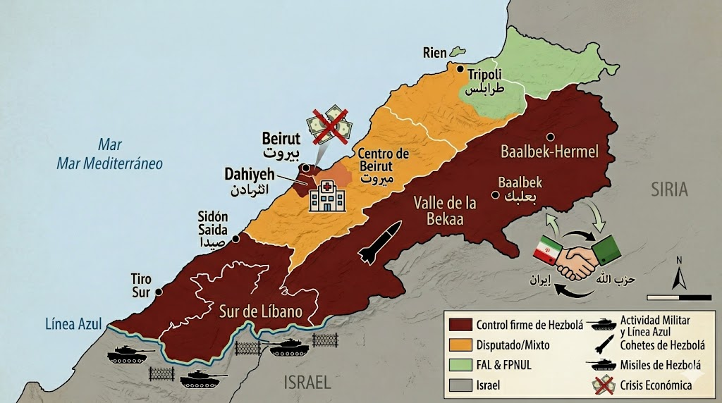 Mapa de Líbano estilizado, mostrando las zonas de influencia de Hezbolá en 2026. Esquema de colores:Rojo oscuro para el control firme de Hezbolá: el suburbio sur de Beirut (Dahiyeh), gran parte del sur del Líbano hasta el río Litani, y el valle de la Bekaa (Baalbek-Hermel).Naranja para áreas de influencia mixta o disputadas (partes de Beirut central, norte de la Bekaa).Verde claro para las posiciones del ejército libanés y UNIFIL a lo largo de la Línea Azul.Gris para Israel al otro lado de la frontera, con símbolos de tanques y vallas.Símbolos específicos: un misil en la Bekaa, un hospital cruzado en la Dahiyeh, una pila de billetes rotos (para la crisis financiera), y una mano estrechándose entre Irán y Hezbolá (para las flechas de apoyo). Incluye una leyenda en la esquina inferior derecha. El título del mapa: 'Hezbolá: estado dentro del estado – 2026'. Estilo sobrio, con relieve suave y nombres de ciudades en inglés y árabe. 
