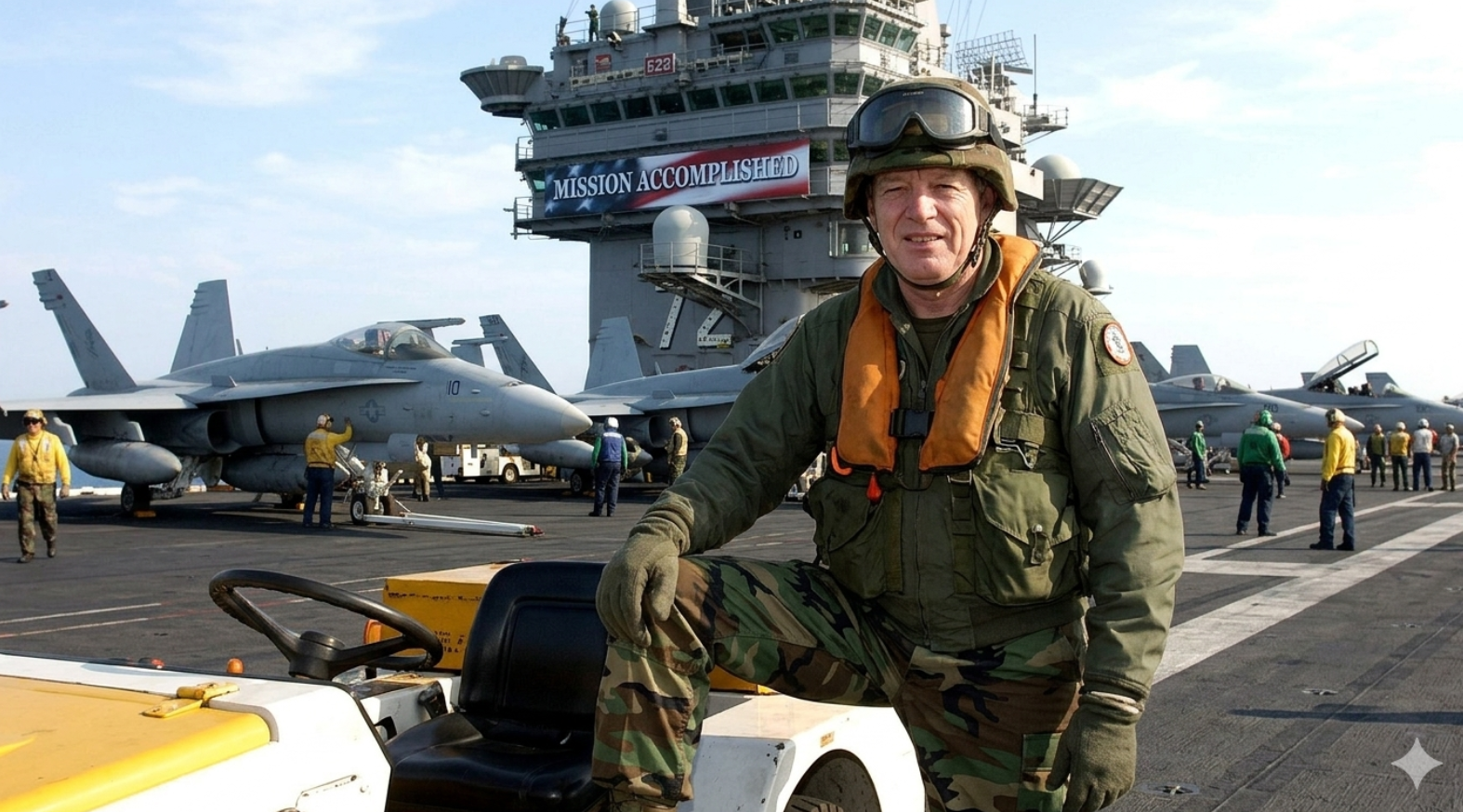 Orlando El Escriba en un "cameo" a bordo del portaaviones USS Abraham Lincoln, el 1 de mayo de 2003 cuando Bush declaró "Misión Cumplida" la invasión a Irán.