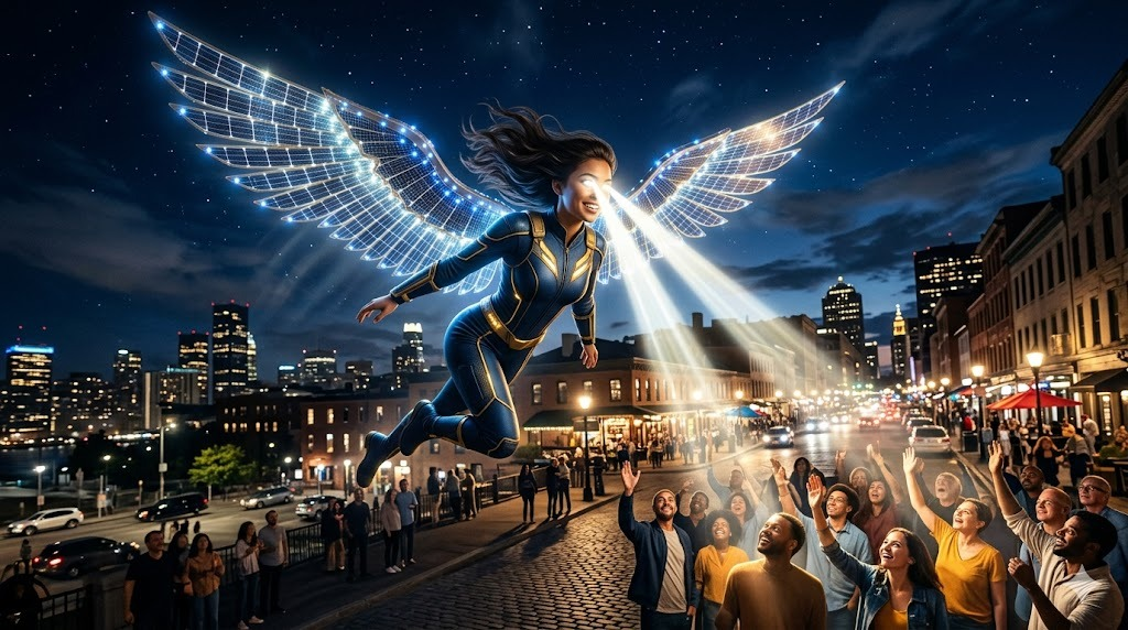 Imagen fantástica y futurista de una mujer con alas que son paneles solares, representando el sistema LDT NEXUS ENERGY que brinda LADETEC.