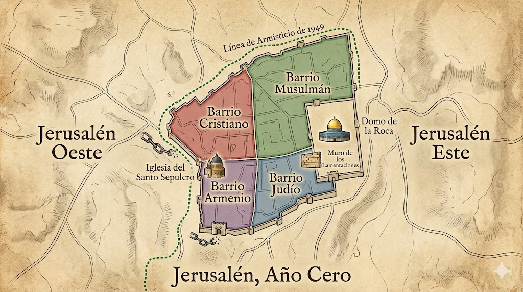 Mapa antiguo de la ciudad de Jerusalén, demarcando los barrios Cristiano, Armenio, Musulmán y Judío.
