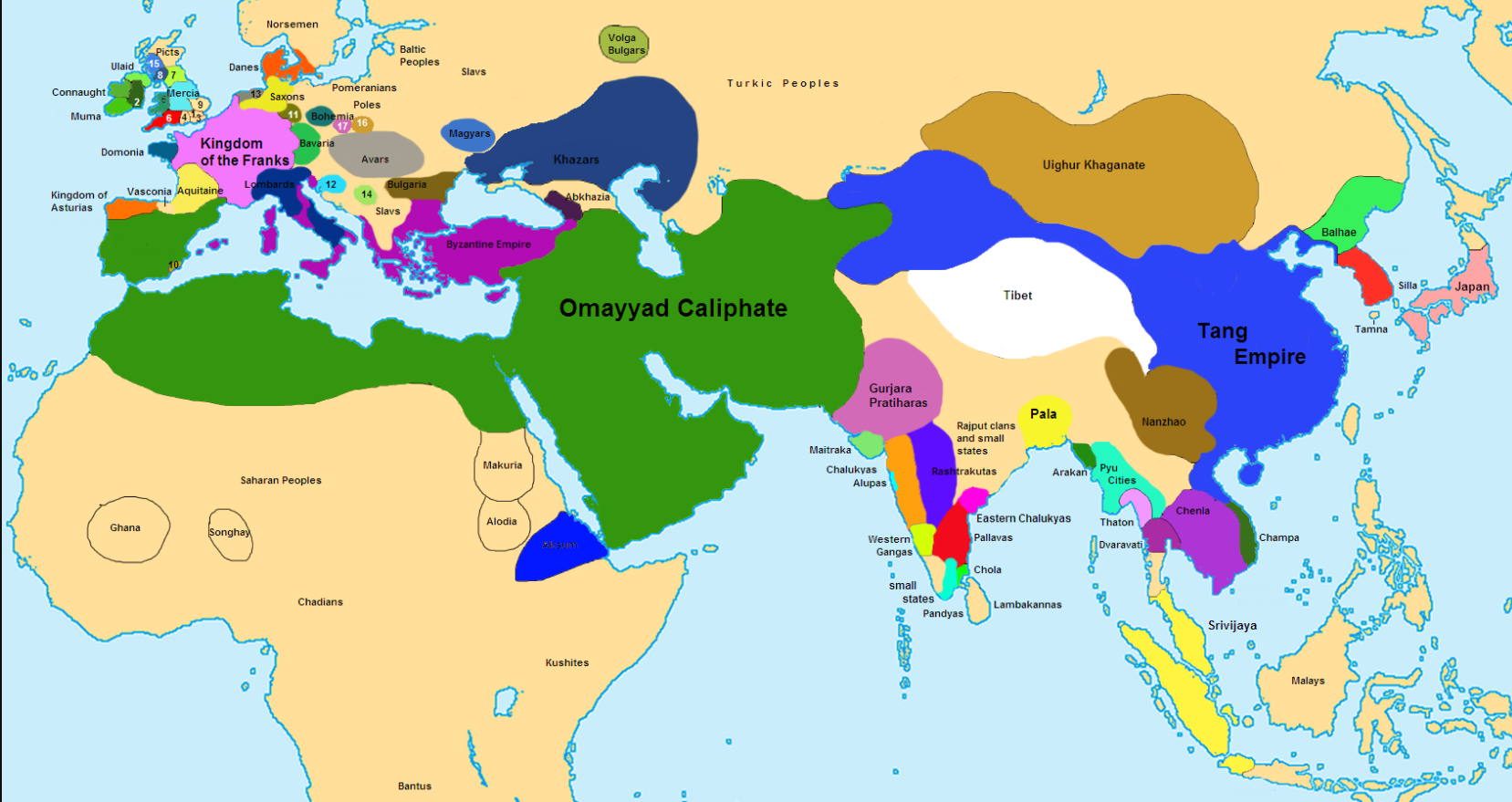 Mapa del califato árabe Omeya, en el momento de su mayor expansión. Historia del Oriente Medio.