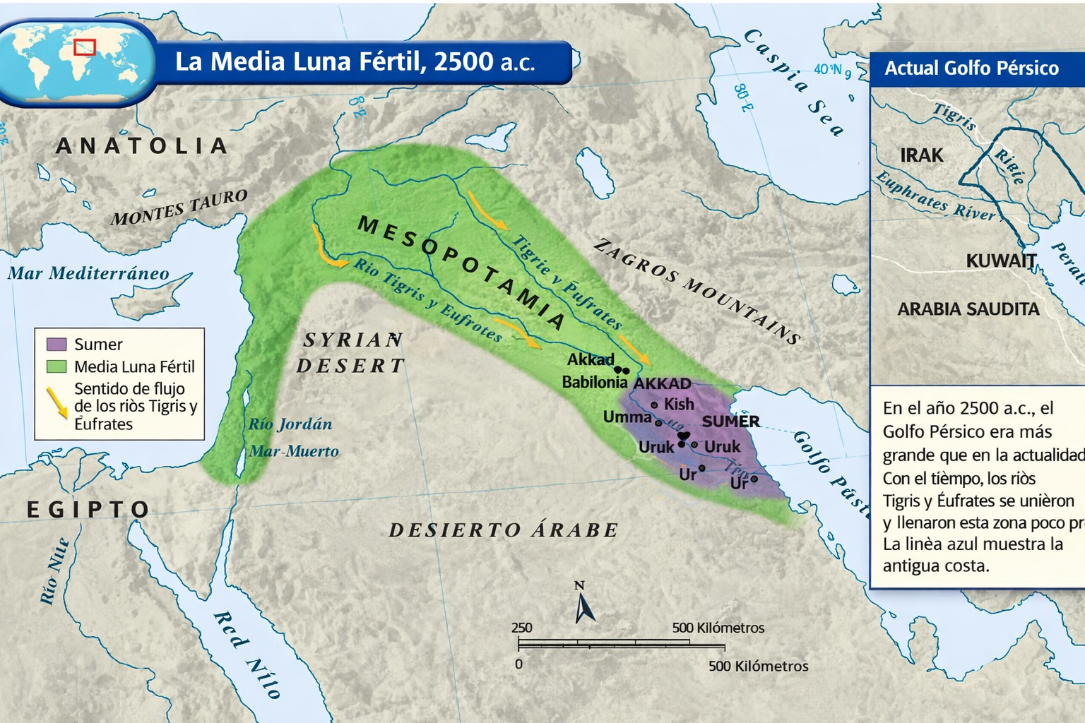 La Media Luna Fértil. Mesopotamia, Tigris y Eufrates. Golfo Pérsico. Origen de la civilización y de las religiones.