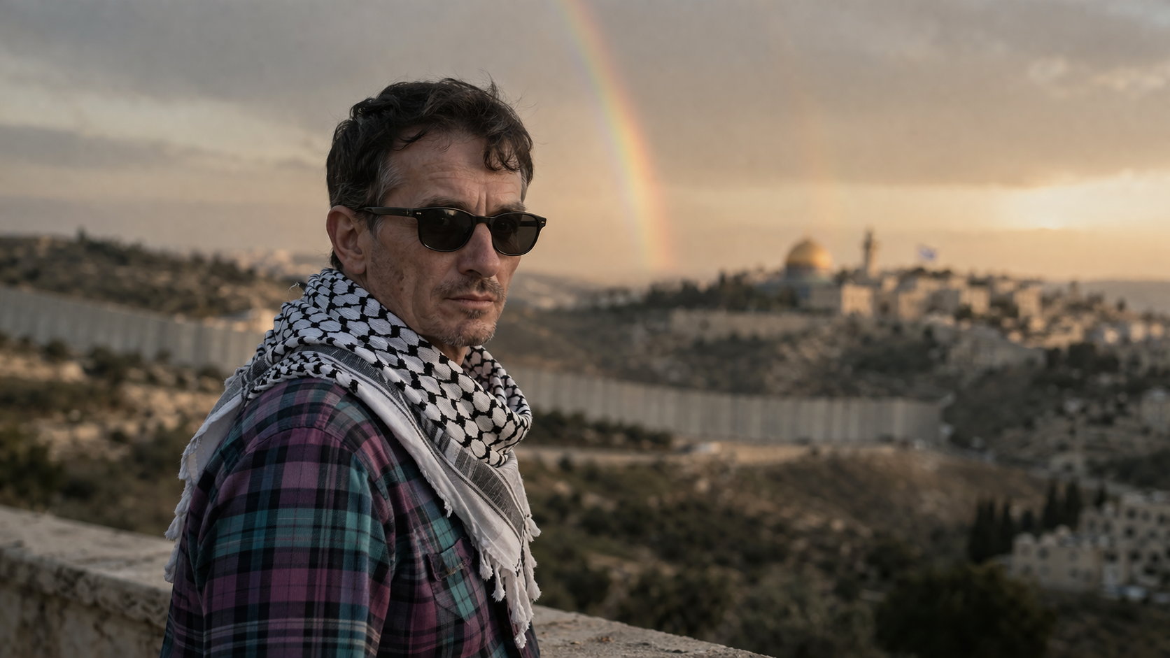 Orlando L. Rodríguez, una ciudad palestina y un arcoiris en lontananza, yo con un pañuelo palestino representando mi solidaridad con ese pueblo.