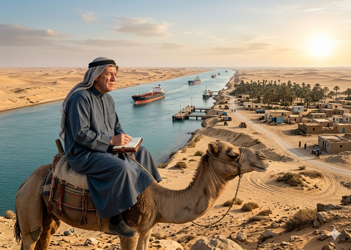Orlando El Escriba en un cameo, vestido de beduino y montando un camello, tomando nota de la apertura del Canal de Suez, la retirada de Israel de los asentamientos en el Sinaí y del resultado oneroso para los palestinos en Gaza y Cisjordania.