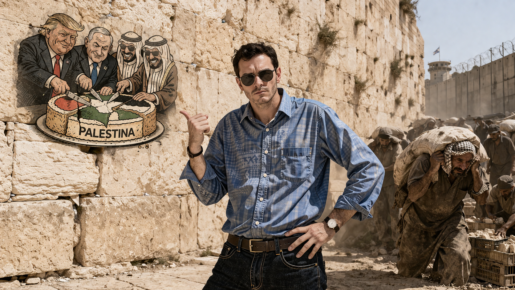 Orlando El Escriba, en plan de explorador al estilo de Indiana Jones, apuntando a una caricatura política en que algunos personajes se reparten el pastel (Paletina) mientras se ve a palestinos haciendo trabajos forzosos.  