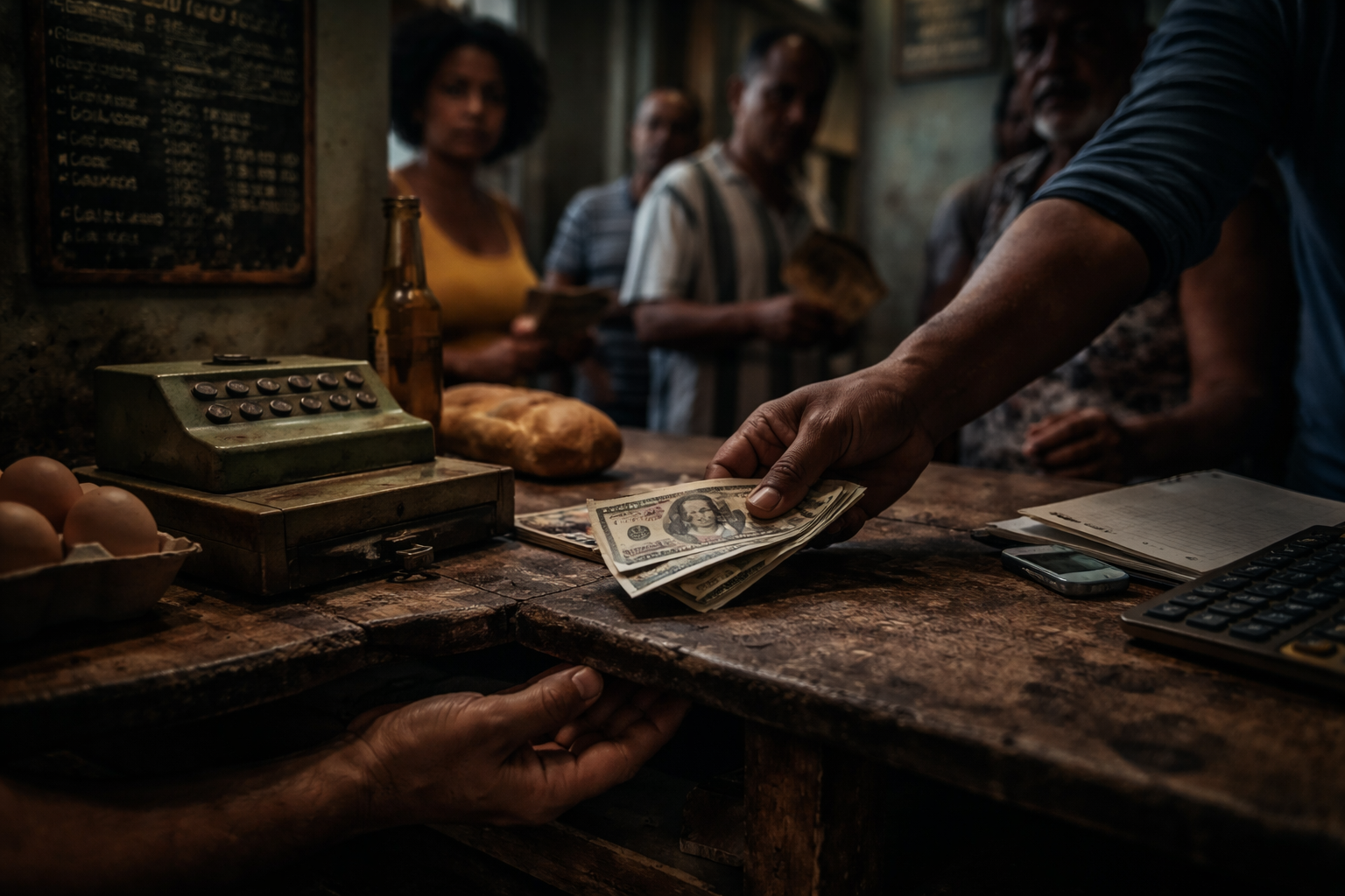 Representa a alguien recibiendo un dinero "por debajo de la mesa", es decir, cobrando indebidamente, timando al comprador en beneficio propio