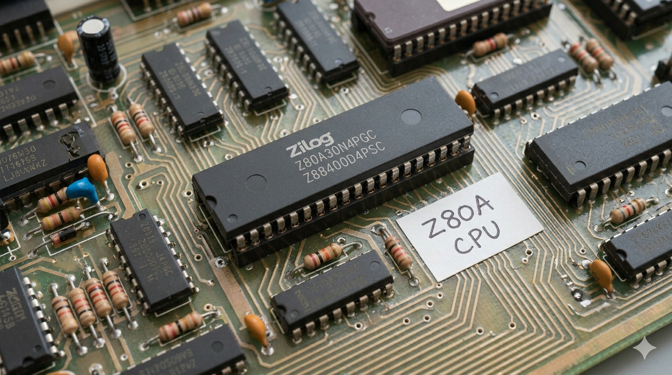 La CPU Zilog Z80A montada en PCBAquí nos centramos en el procesador Zilog Z80A. La toma es un macro en ángulo que captura el chip montado en una placa de circuito impreso (PCB) compleja y densa, rodeado de otras resistencias y componentes, tal como se encuentra en sistemas vintage. Una etiqueta escrita a mano, "Z80A CPU", se encuentra junto al chip para su identificación