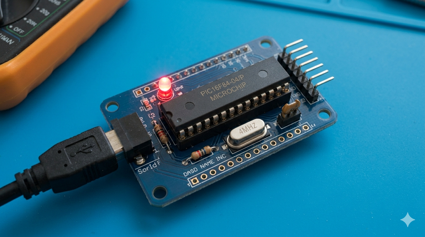 El microcontrolador Microchip PIC16F84Esta imagen captura el PIC16F84 montado en su pequeña placa de desarrollo de color azul oscuro. El enfoque está completamente en el chip PIC (PIC16F84-04/P) y su oscilador de cristal de 4MHz adyacente. El LED rojo indicador está encendido, y el cable de conexión USB-serie se ve saliendo del marco hacia la izquierda, todo sobre una estera de laboratorio de color azul sólido.