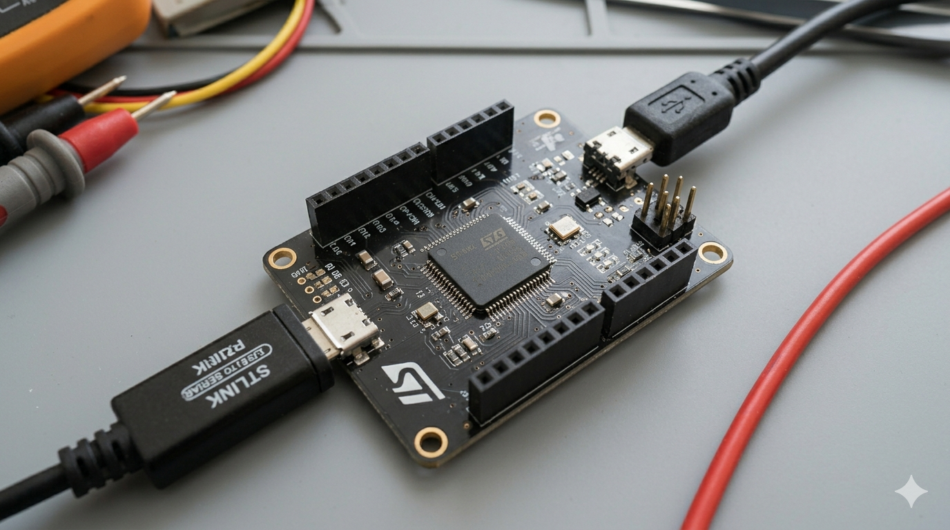 La placa de desarrollo STM32 Nucleo (Cortex-M0)Aquí se presenta la placa STM32 Nucleo. La imagen es un primer plano nítido de la placa de color negro, destacando el microcontrolador ARM Cortex-M0 (STM32F030R8). La característica clave es que el cable de depuración USB está conectado, y el texto "STLINK" es claramente visible y legible en el lateral de la placa y en el cable, confirmando su función.