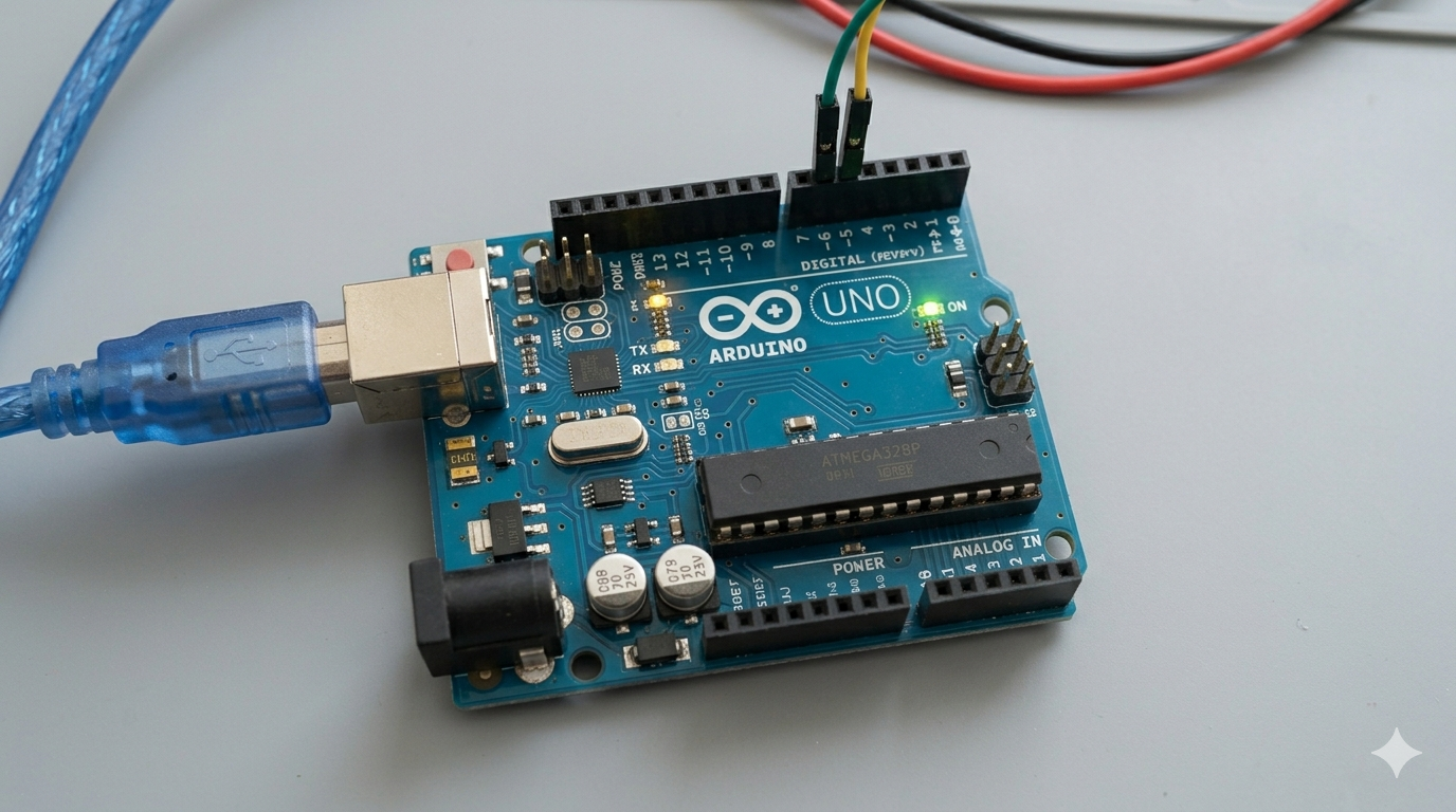 La placa Arduino UNO Rev3En esta toma, vemos una vista superior detallada de una placa Arduino UNO Rev3 original. El enfoque es nítido en el PCB azul y el microcontrolador ATmega328P en su socket. El cable USB azul estándar está conectado limpiamente en el puerto, y algunos cables de conexión neuvos y cortos están enchufados en los encabezados, listos para un proyecto, todo sobre una superficie de trabajo limpia.