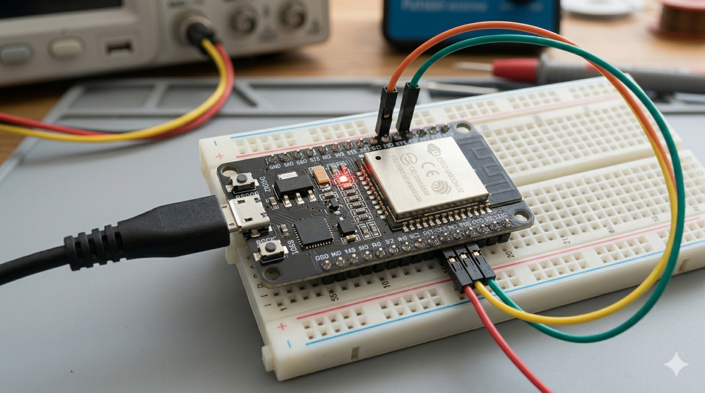 El kit de desarrollo ESP32 DevKitCFinalmente, la imagen captura el kit de desarrollo ESP32 DevKitC. El módulo ESP32-WROOM-32 es el foco principal, montado en la placa de desarrollo negra sobre la breadboard. El LED rojo indicador de encendido está iluminado. El cable micro-USB está conectado en el puerto, y varios cables de conexión de colores (amarillo, rojo, verde) están enrutados limpiamente, mostrando una configuración activa. El texto "STLINK" es legible en el cable USB para la depuración.