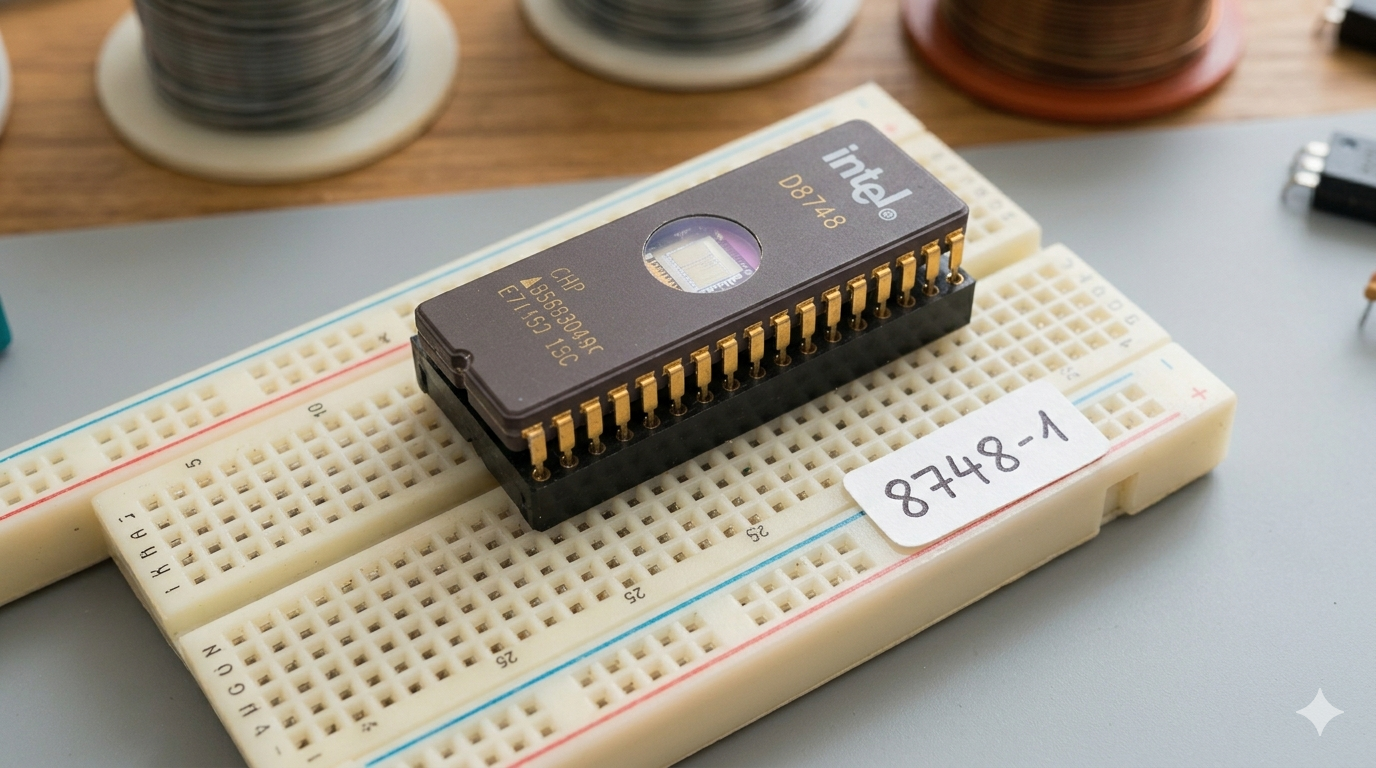 El microcontrolador vintage 8748 (Intel D8748)Esta imagen presenta un primer plano del chip Intel D8748, un microcontrolador clásico de los años 80 con su distintiva ventana para borrado UV sobre la memoria EPROM. El chip está insertado directamente en una placa de prototipos (breadboard) de color blanco. Una etiqueta de papel escrita a mano al lado dice "8748-1", evocando un entorno de laboratorio técnico y ordenado.