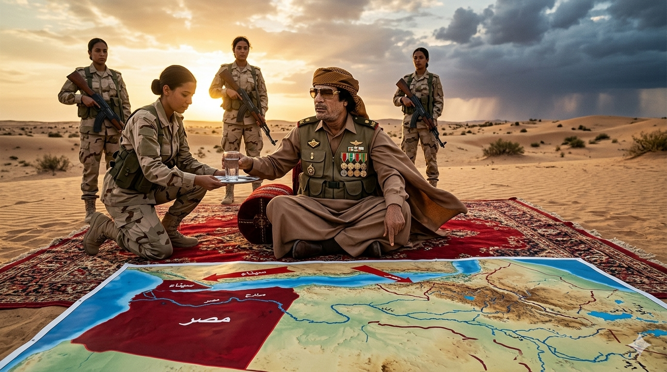 Muammar al -Gaddafi elucubrando sus planes geopolíticos basados en el agua.