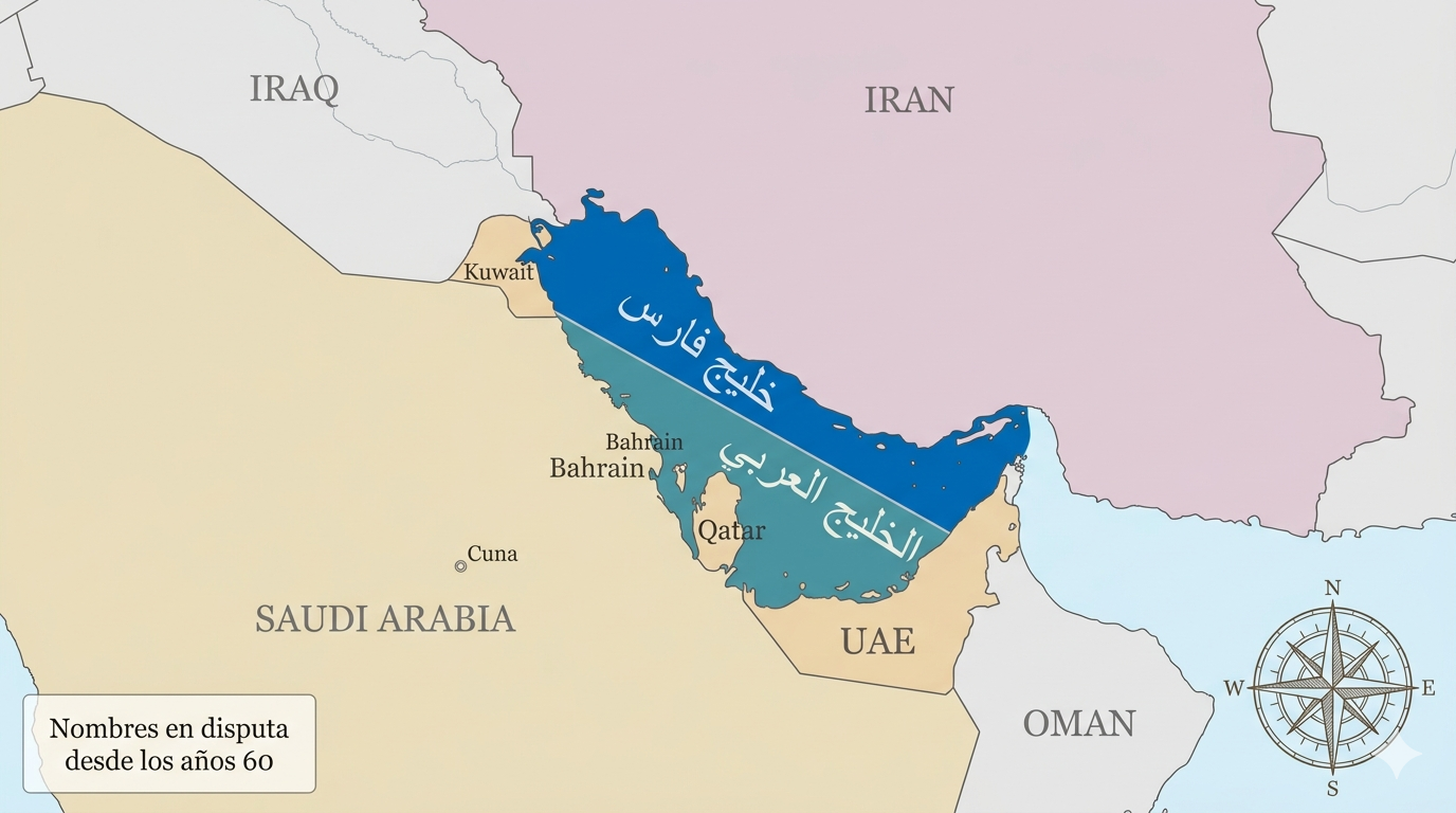 Mapa político de Oriente Medio centrado en el Golfo Pérsico/Arábigo. El mar aparece dividido por una línea diagonal imaginaria: la mitad norte (junto a Irán) tiene superpuesta la etiqueta «خلیج فارس» (Golfo Pérsico) en escritura persa, con un color azul intenso; la mitad sur (junto a la Península Arábiga) tiene la etiqueta «الخليج العربي» (Golfo Arábigo) en escritura árabe, con un color azul verdoso. Las fronteras nacionales están en gris fino. En tierra firme, Irán se muestra en un tono malva claro, y los países árabes del Golfo (Arabia Saudí, EAU, Kuwait, Catar, Baréin) en un tono arena claro. Un pequeño cuadro de leyenda explica: «Nombres en disputa desde los años 60». 