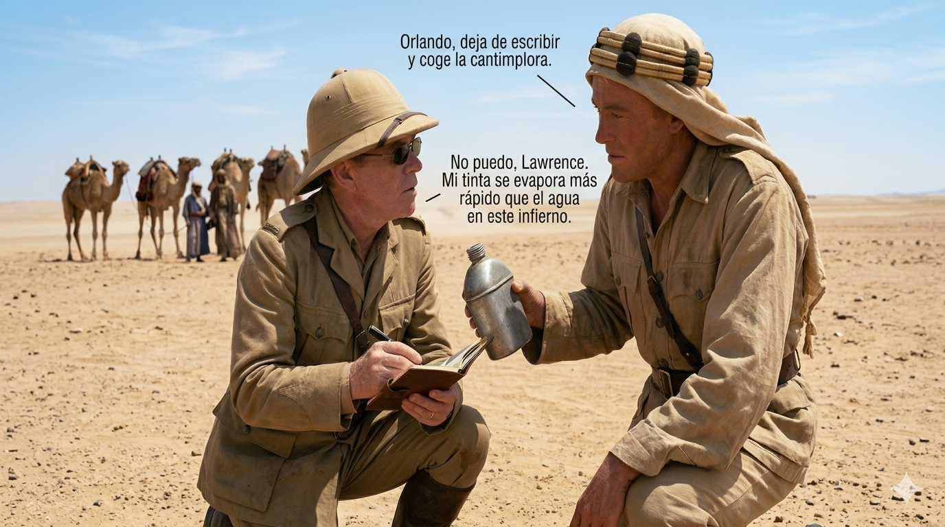 Orlando El Escriba en un cameo con Lawrence de Arabia en la película de Peter O Toole y unos beduinos al fondo.
