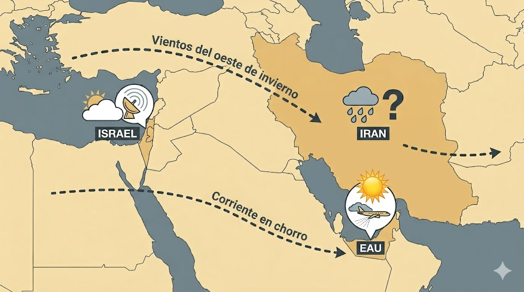 Mapa esquemático de Oriente Medio que destaca tres puntos clave: Israel (con un icono de nube parcial y un radar), Emiratos Árabes Unidos (con un icono de de radar, nubes y un sol radiante) e Irán (con gotas de lluvia y un signo de interrogación). Añade flechas punteadas que representen la trayectoria de los vientos invernales del oeste (jet stream), para mostrar que las tormentas se mueven de oeste a este, independientemente de la siembra. El mapa tiene tonos arena y azul grisáceo, con Estilo infografía divulgativa