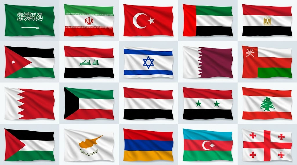 Mosaico de las banderas de la región del Oriente Medio.