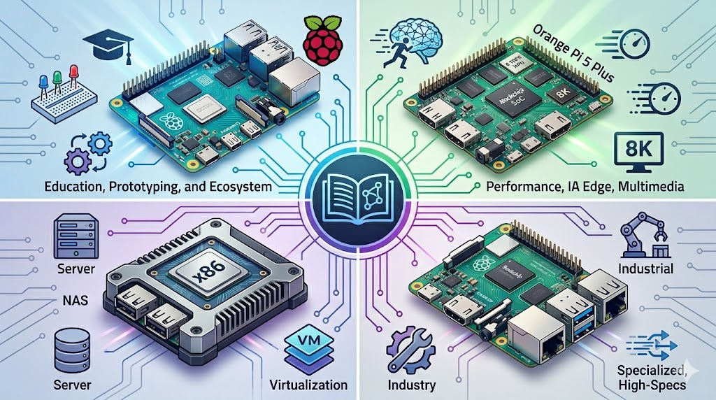 Una imagen para introducir el post sobre una comparativa de las diferentes variantes del mercado de Single Board Computers: Raspberry Pi, Orange Pi, Rock Pi, Banana Pi y Zimablade.