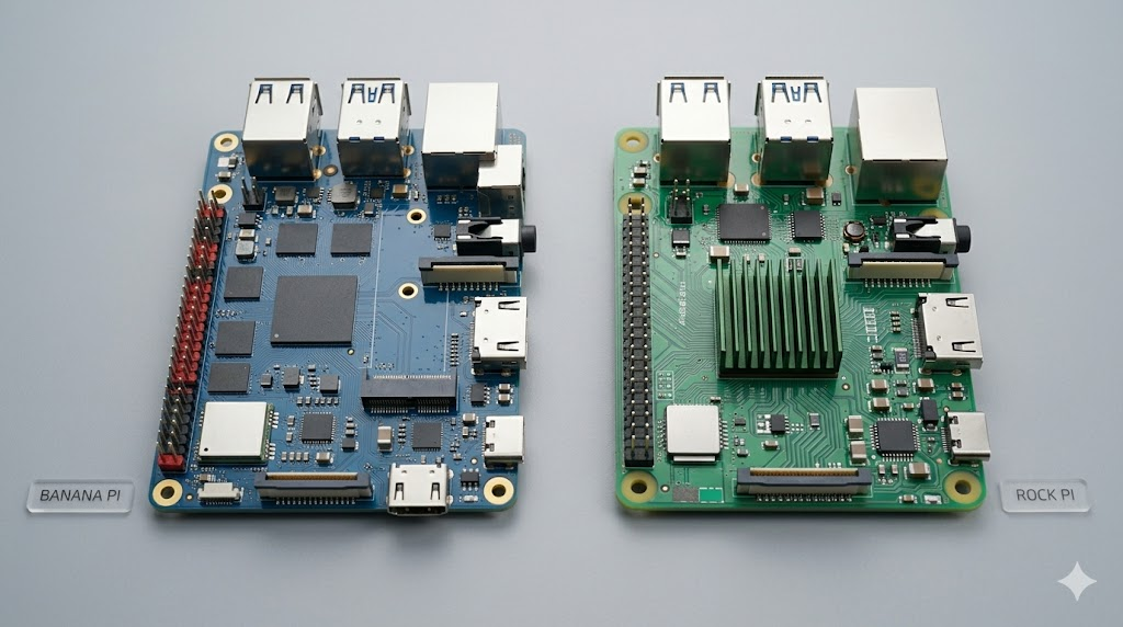 Imagen de dos SBC emergentes: Banana Pi y Rock Pi