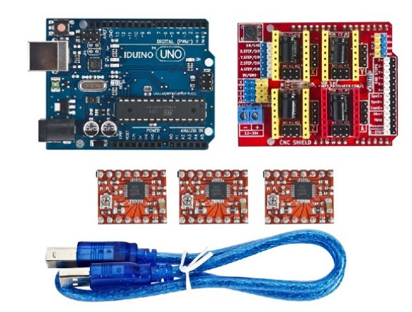 Kit completo usado en nuestra CNC, Arduino UNO, Shield V3 y drivers A4988 con el cable para unir con la PC.