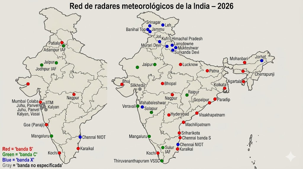 Muestra el contorno de la India y los estados en gris oscuro. Incluye una leyenda en la esquina inferior izquierda que asocia los colores: rojo = banda S, verde = banda C, azul = banda X, gris = banda no especificada. Rojos (banda S): Patiala (Punjab), Lucknow (Uttar Pradesh), Patna (Bihar), Kolkata (West Bengal), Gopalpur y Paradip (Odisha), Agartala (Tripura), Mohanbari (Assam), Cherrapunji (Meghalaya), Bhuj (Gujarat), Mumbai Colaba y Nagpur (Maharashtra), Bhopal (Madhya Pradesh), Goa (Panaji), Kochi (Kerala), Machilipatnam, Visakhapatnam y Sriharikota (Andhra Pradesh), Hyderabad (Telangana), Chennai banda S y Karaikal (Tamil Nadu).Verdes (banda C): Adampur IAF (Punjab), Jaipur y Jodhpur IAF (Rajasthan), Veravali y Solapur (Maharashtra), Raipur (Chhattisgarh), Mangaluru (Karnataka), Thiruvananthapuram VSSC (Kerala), Sulur IAF (Tamil Nadu).Azules (banda X): Banihal Top, Jammu y Srinagar (Jammu & Kashmir), Leh (Ladakh), Lansdowne, Mukteshwar y Surkanda Devi (Uttarakhand), Jot, Murari Devi y Kufri (Himachal Pradesh), Jorhat (Assam), Mahabaleshwar (Maharashtra), Chennai NIOT (Tamil Nadu).Grises (banda no especificada): Radares IITM en Mumbai (Juhu, Panvel, Kalyan, Vasai) y Silkheda (Madhya Pradesh).